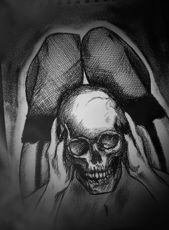 Surreal ink drawing of a skull held between two hands beneath an inverted figure